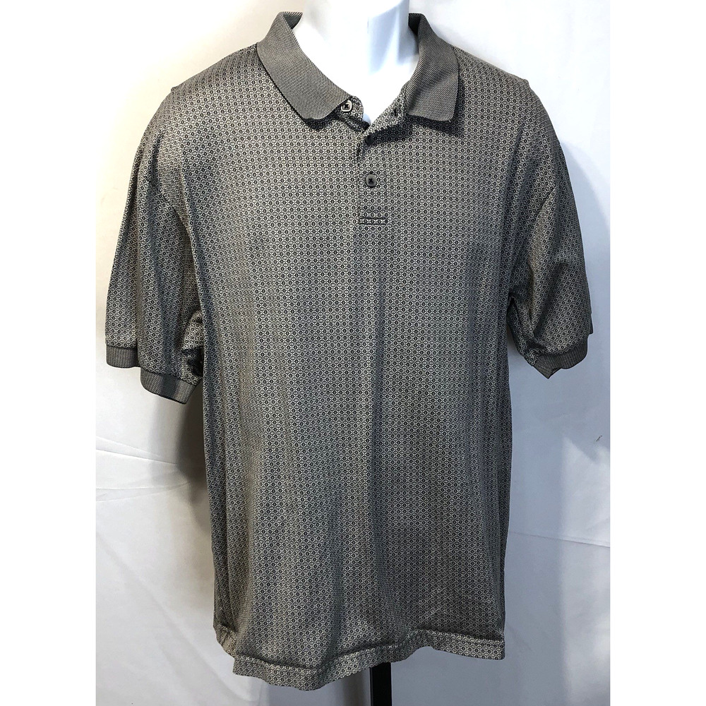 J Ashford Golf Polo Shirt XL Blk Gray Geo 3 Button collar Preppy Club
